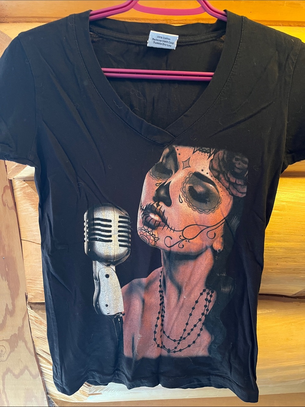 Black V-Neck Tee with Sugar Skull Singer Graphic